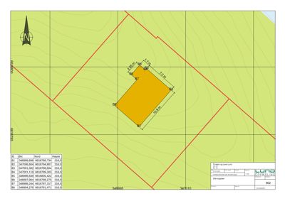 Situasjonsplan som viser eiendomsgrunnlinjer (røde linjer), et bygningstilholdsareal (gult polygon) med dimensjoner, høydekurver og koordinater for hjørnepunkter.