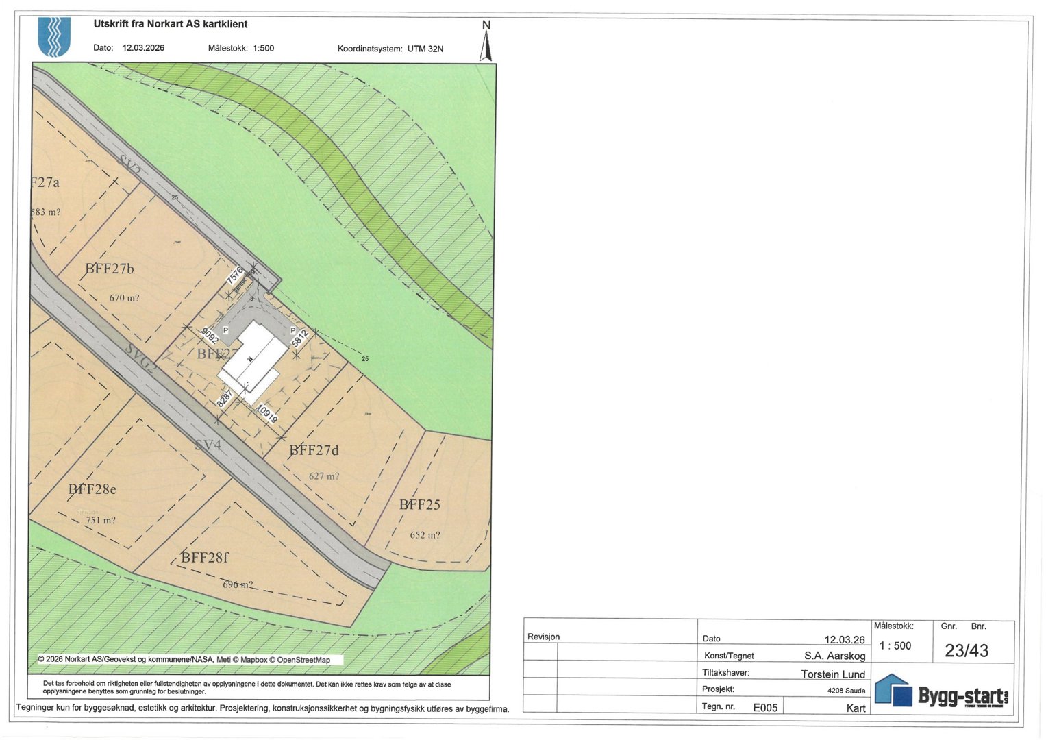 Situasjonsplan som viser tomtedeling, eiendomsnummer (BFF27a-f), areal (m²), vei (AVG), og bygningsplassering med mål.