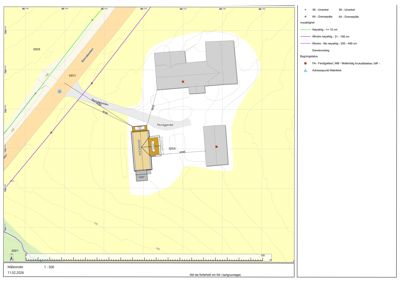 Situasjonsplan som viser tomtens beliggenhet, grenser, naboeiendommer, vegforhold og bygningers plassering.