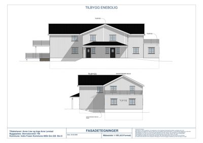 Fasadetegning som viser oppriss av en eksisterende og en tilbygget enebolig sett fra fronten.