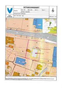 Situasjonskart som viser eiendomsgranser, naboeiendommer, infrastruktur og en planlagt utvidelse av en tomt.