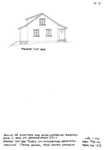 En håndtegnet fasadetegning av en bolig sett fra sør, med tekstbeskrivelse og tegningsnummer.