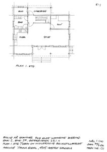 Etasjeplan (1. etasje) for en bolig på Stamnes, som viser romfordeling (stue, soverom, kjøkken, bad, bod) og trapp opp til 2. etasje.