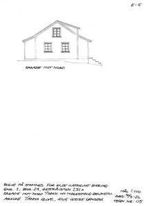 Tegning av fasade mot nord for en bolig, med oppgitt mål, dato og tegner.