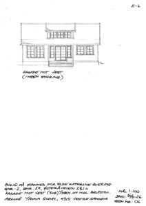 En håndtegnet fasadetegning av en bygning sett fra vest, med tekst som bekrefter det er 'FASADE MOT VEST' og viser at det er ingen endringer.