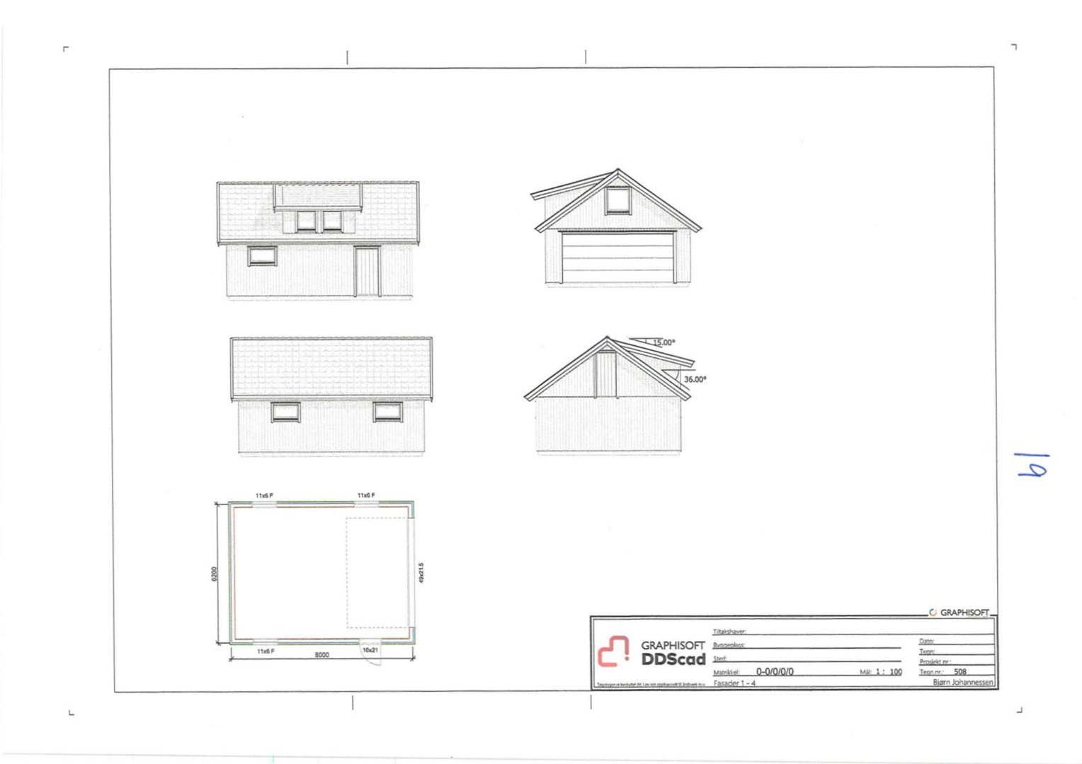 Fasadetegning som viser bygningens utsyn fra fire ulike vinkler (for, bak, venstre og høyre side) med angitte mål og takhøyder.