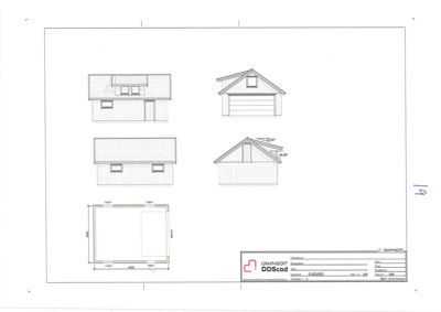 Fasadetegning som viser bygningens utsyn fra fire ulike vinkler (for, bak, venstre og høyre side) med angitte mål og takhøyder.