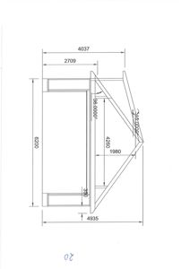 En teknisk tegning som viser detaljerte mål og vinkler for en konstruksjon, sannsynligvis en del av en takkonstruksjon eller en vinklet vegg.