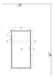 Fasadetegning som viser oppriss av bygningens fasade 3 og 4, med mål og vindusoppsett.