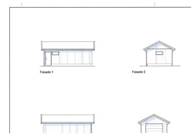 Fasadetegning som viser utsiden av en bygning sett fra fire ulike vinkler (Fasade 1 og 2, samt to andre perspektiver).