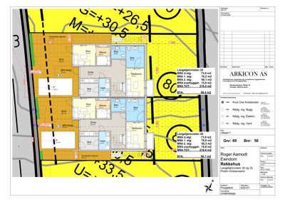 Etasjeplan (underetasje) for en rekkehusbebyggelse med romfordeling, arealoppdelinger og tekniske data.