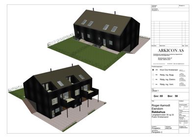 3D-visualisering (rendering) av et hus sett fra to ulike vinkler (perspektiv 1 og 2).
