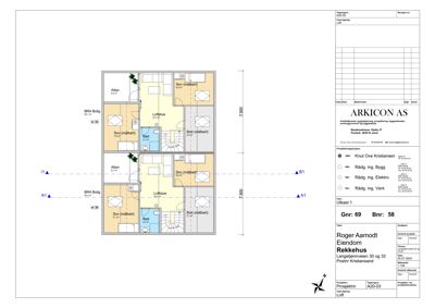 Etasjeplan (loft) som viser romfordeling, arealer og funksjoner for to leiligheter.