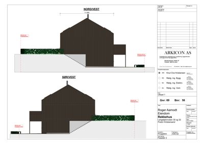 Fasadetegning som viser bygningens utseende fra nord/vest og sør/vest, inkludert takform, fasadematerialer og terrengforhold.