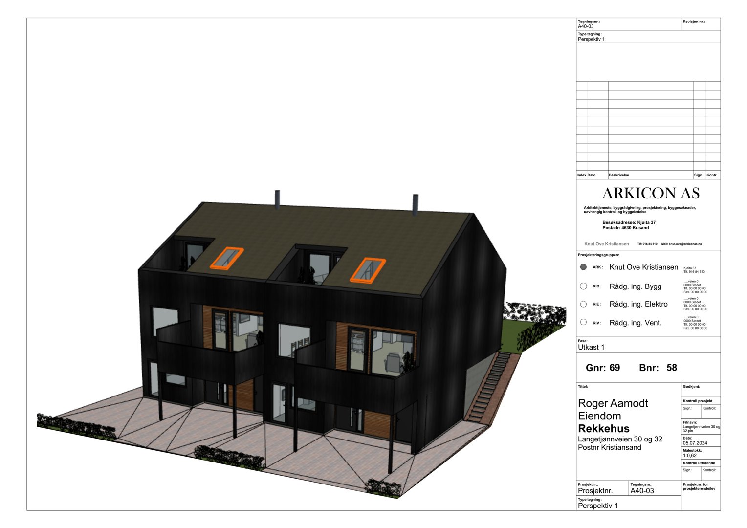 3D-visualisering (perspektiv) av et planlagt rekkehus med fasade, balkonger og trapp.