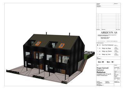 3D-visualisering (perspektiv) av et planlagt rekkehus med fasade, balkonger og trapp.