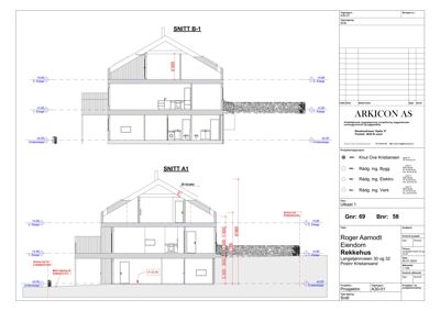 Snittegning (Snitt B-1 og Snitt A1) som viser bygningens tverrsnitt, høyder, etasjer og konstruksjon.
