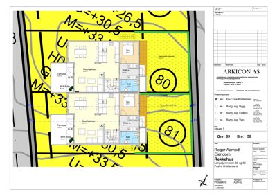 Etasjeplan (1. etasje) for et rekkehusprosjekt, som viser romfordeling, arealer og plassering i forhold til tomtegrenser.