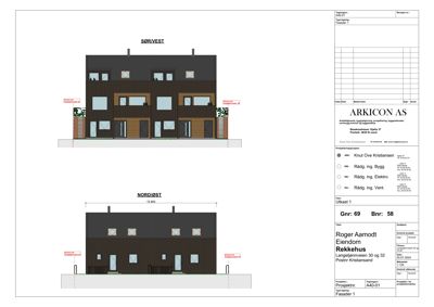 Fasadetegning som viser bygningens utseende fra to vinkler: SØR/VEST og NORD/ØST.