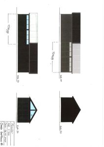 Fasadetegning som viser bygningens utseende fra fire ulike vinkler (to frontaler og to sider), med angitte mål og detaljer.