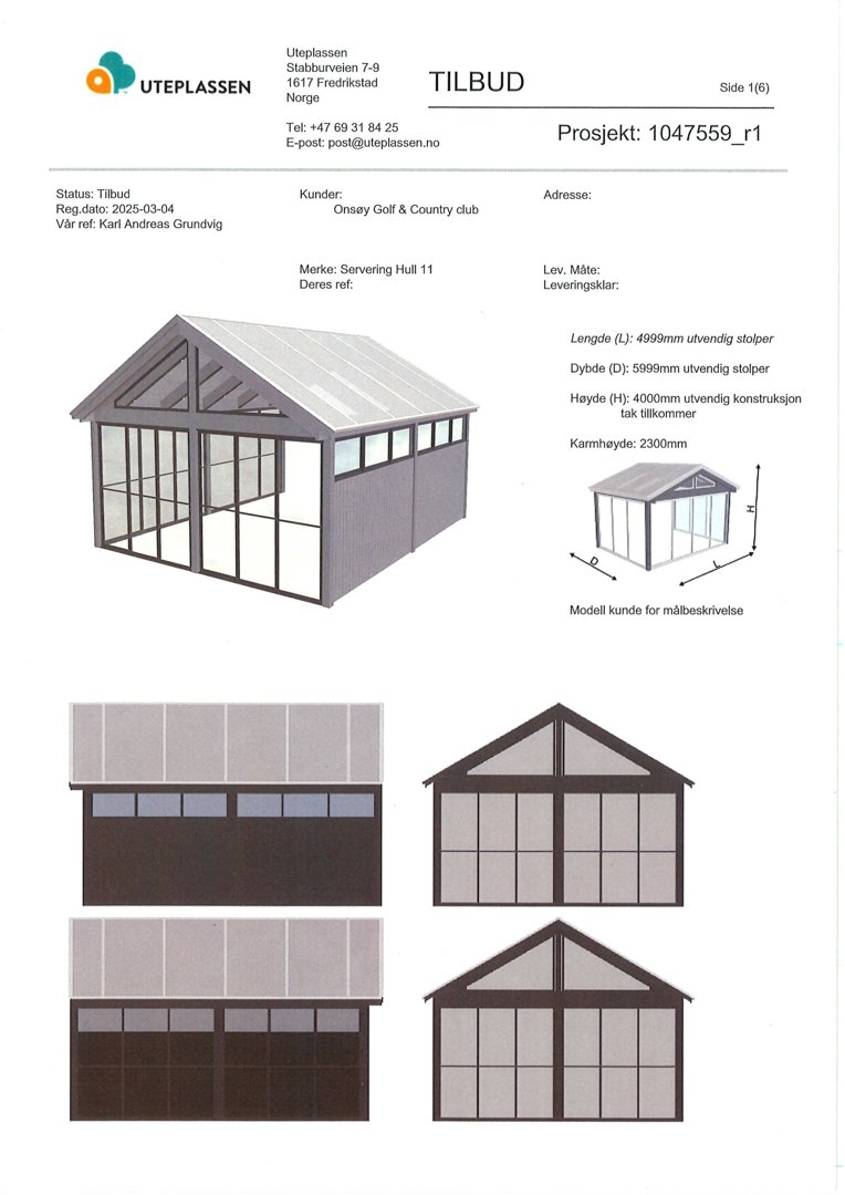 3D-visualisering og fasadeoppsett for et tilbygg (serveringshull) med målspesifikasjoner.