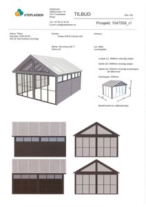 3D-visualisering og fasadeoppsett for et tilbygg (serveringshull) med målspesifikasjoner.