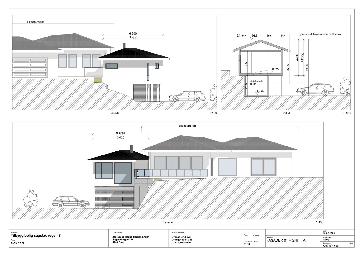 Fasade- og snittegning som viser eksisterende og nytt tilbygg til en bolig.