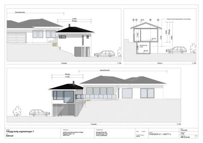 Fasade- og snittegning som viser eksisterende og nytt tilbygg til en bolig.