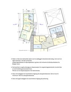 Etasjeplan med romfordeling, mål og snittlinjer for en bolig.