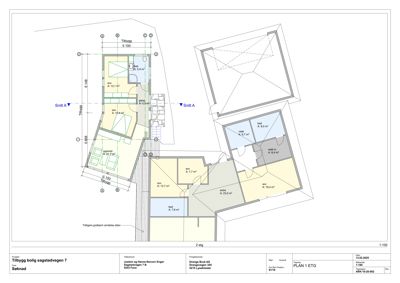 Etasjeplan (1. etasje) for et boligtilbygg med romfordeling, arealer og snittmerker.
