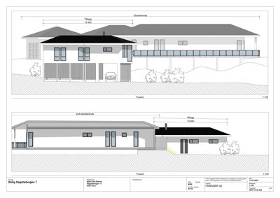 Fasadetegning med oppriss av eksisterende og tilbygg, inkludert mål og detaljer.