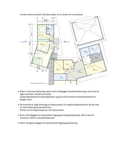 Etasjeplan som viser romfordeling, mål og snittlinjer for en bolig.