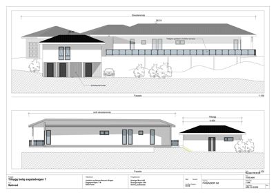 Tegning som viser fasadeoppsett for en eksisterende og en tilbyggdel av en bolig, med mål og notasjoner.