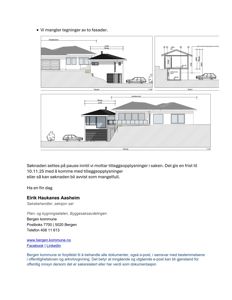 Bildet viser tegninger av fasader (opp- og tverrsnitt) for en bolig, inkludert mål og bilplassering.