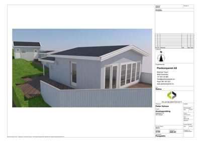 3D-visualisering (rendering) av en husfasade sett fra et lavt vinkel, med omgivende natur og nabohus.