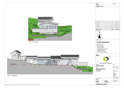 Fasadetegning som viser bygningens utseende fra sør og øst, inkludert terrengforhold og detaljer.