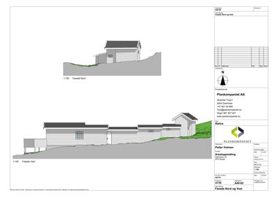 Fasadetegning som viser bygningens utseende sett fra nord og vest, inkludert takform, vinduer og terrengforhold.