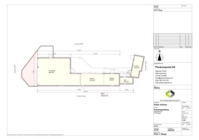Etasjeplan (Plan 1. Etasje) som viser romfordeling, arealer (BYA, Hovedstue, Utleie, etc.) og fasader.