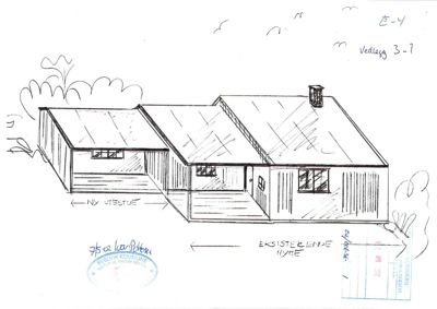 En håndtegnet fasadetegning som viser en eksisterende og en ny utbygget del av en bygning.