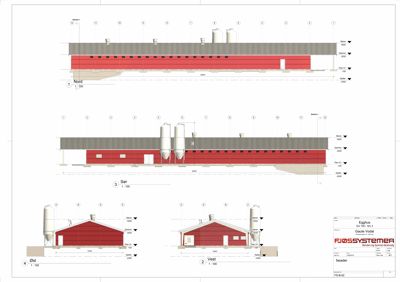 Fasadetegning som viser bygningens utseende fra fire sider (Nord, Sør, Øst, Vest) med høydeangivelser og konstruksjonsdetaljer.
