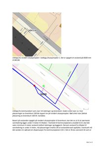 Bildet viser to kartutsnitt: et situasjonsplan med bygning og vei, samt et kommunekart med vannledninger og brannkum. Begge er kartdata med målestokk og geografisk kontekst.