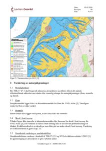 Et situasjonskart (Løsmassekart) som viser geologiske forhold og naturpåkjenninger i et område.