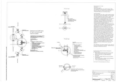 En teknisk tegning som viser detaljerte konstruksjoner for en kommunal vann- og avløpsledning, inkludert dimensjoner, materialer og spesifikasjoner for rør og tilkoblinger.