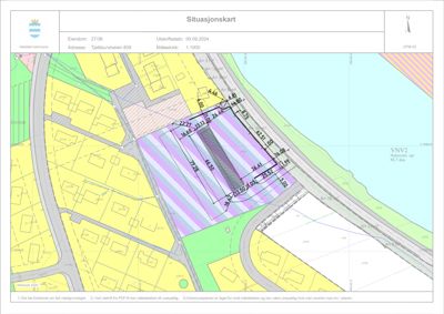 Situasjonskart som viser eiendomsnummer 27/36 på Tjeldsundveien 809 i Harstad kommune. Kartet viser tomtens grenser, mål, nabolag og infrastruktur.