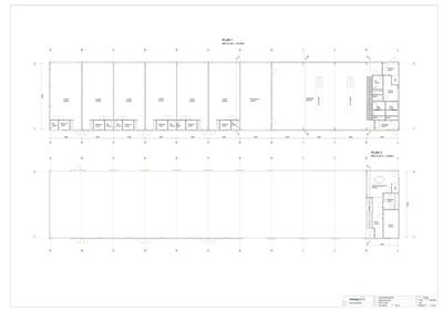 Etasjeplaner (PLAN 1 og PLAN 2) som viser romfordeling, vegger og dører for en bygning.
