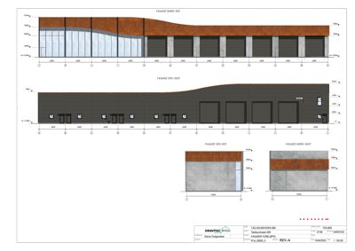 Fasadetegning som viser oppriss av bygningens fasader (Nord, Sør, Øst, Vest) med detaljer om vinduer, dører og materialer.