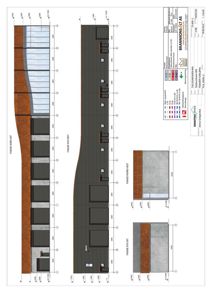 Fasadetegning som viser oppriss av bygningens ytre fasader sett fra nord og vest, inkludert detaljer for vinduer, dører og materialer.