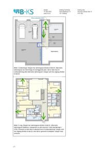 Bildet viser to etasjeplaner (underetasje og 1.etg) med romfordeling, rammingsvei og utgangsplassering.