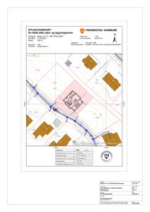 Situasjonskart som viser bygningens plassering i forhold til naboeiendommer, vei og topografi.