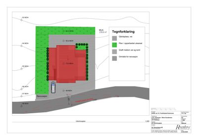 Situasjonsplan som viser tomtens form, høydemål (MOH), beplantning, utendørs arealer og forhold til nabotomter.